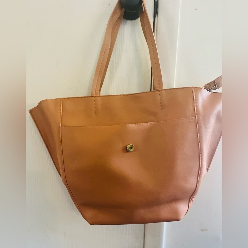 Anthropologie Faux Vegan Leather Minimalist Capsule Brass Satchel Large Bag